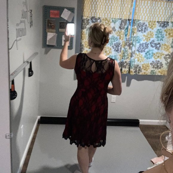 Black and Red Lace Dress, Lace overlay and sash - Picture 2 of 2